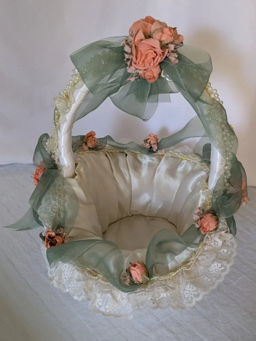 Handmade Lace Pearls Roses & Satin Wedding Baby Cheer Gift Basket